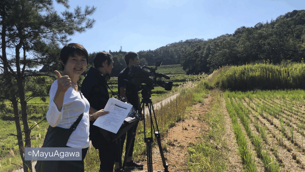 Mayu Agawa directing a TV crew filming in rice fields, Miyoshi City, Hiroshima, Japan - sharing Japanese parenting and culture